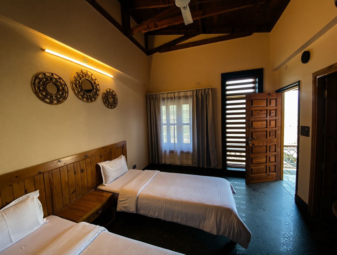 Row of residential kuṭīras at Abhayaranya Yoga Ashram with evening light on lime plaster walls