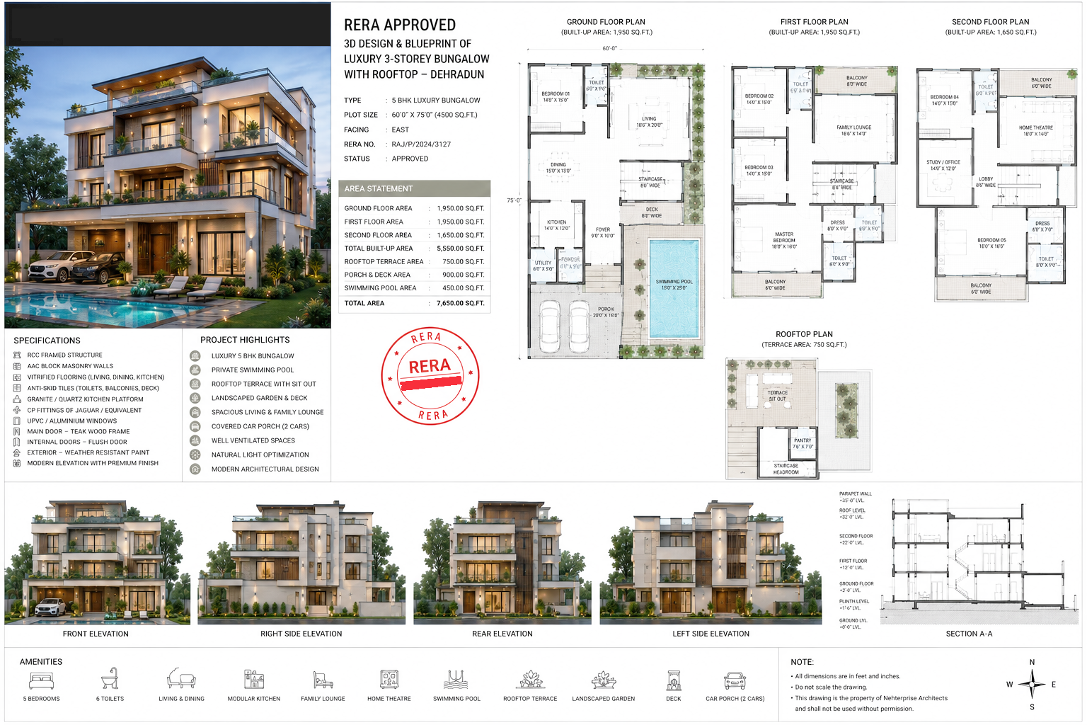 Vertical section A-A through a luxury 3-storey Dehradun bungalow — slab depths, floor heights, parapets, rooftop terrace