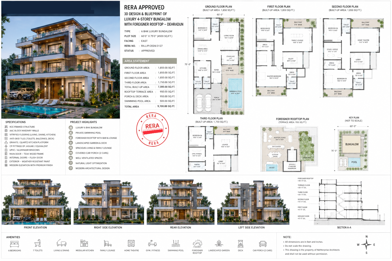 4-storey luxury Dehradun bungalow site plan with foreigner rooftop, landscaped gardens, swimming pool, car parking