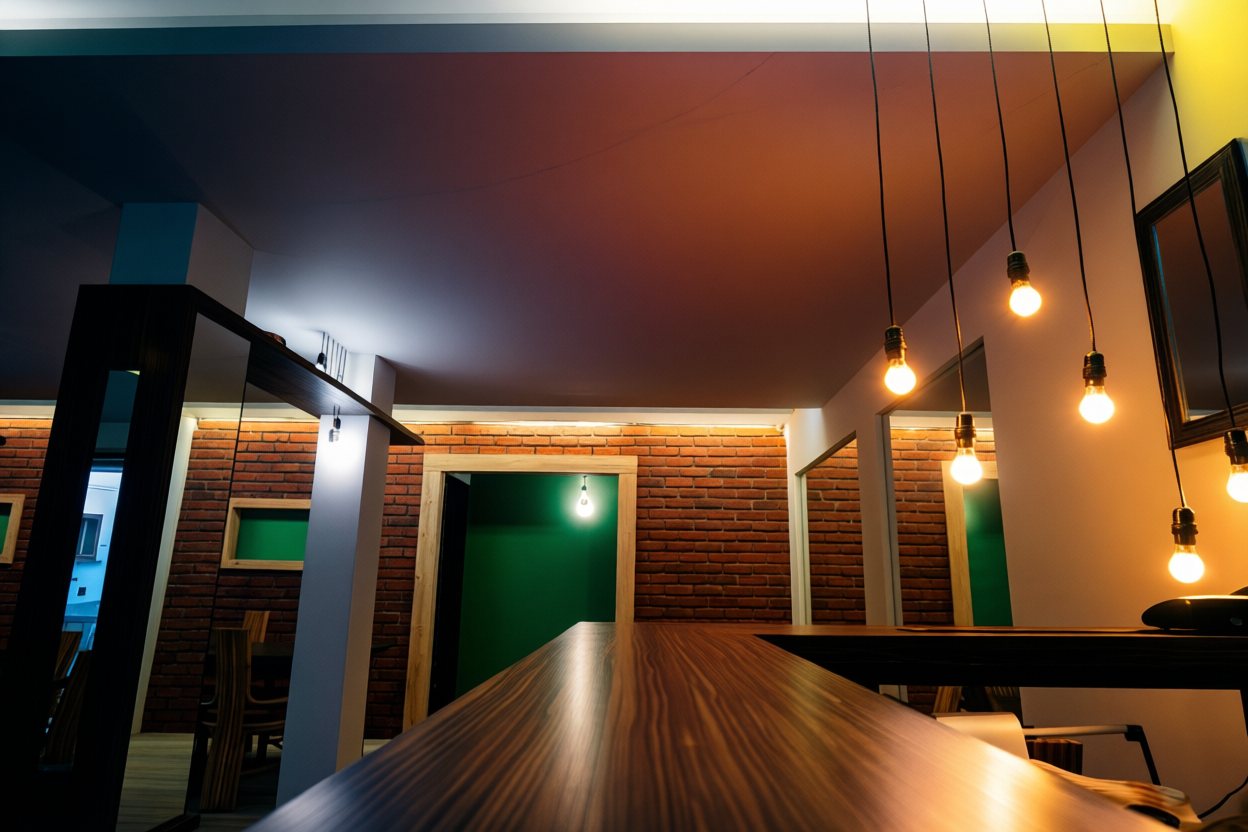 Teak and stone stair detail render — Vikas Nagar residence, Dehradun